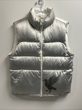 Vintage Gap Reversible Silver/White Puffer Vest with Embroidered Raven